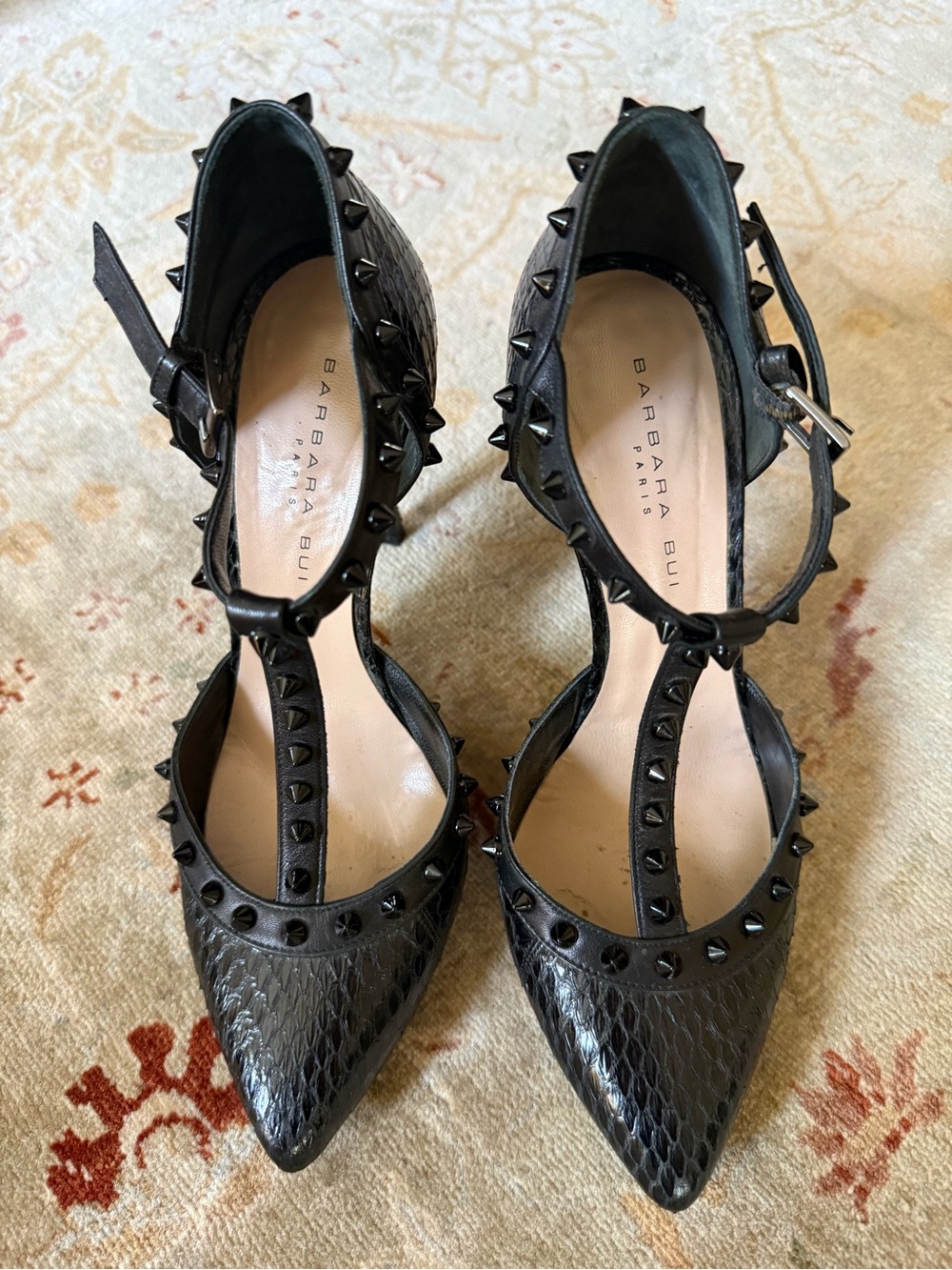 Barbara Bui Black Studded T-Strap Pointed Pumps with Textured Upper